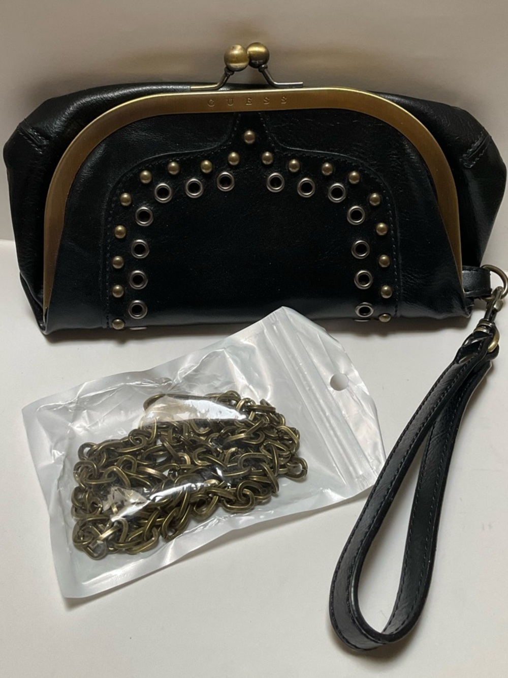 Small Purse GUESS Kisslock clutch purse Y2K Black Studded faux Leather Wristlet